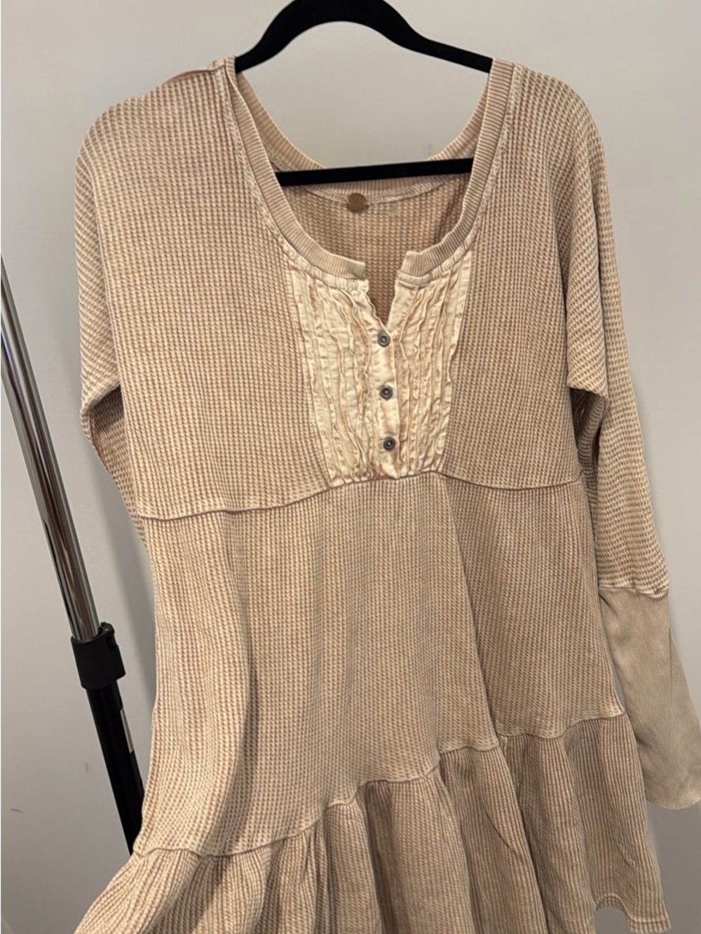 Free People Beige Ruffle Henley Waffle Tunic Dress